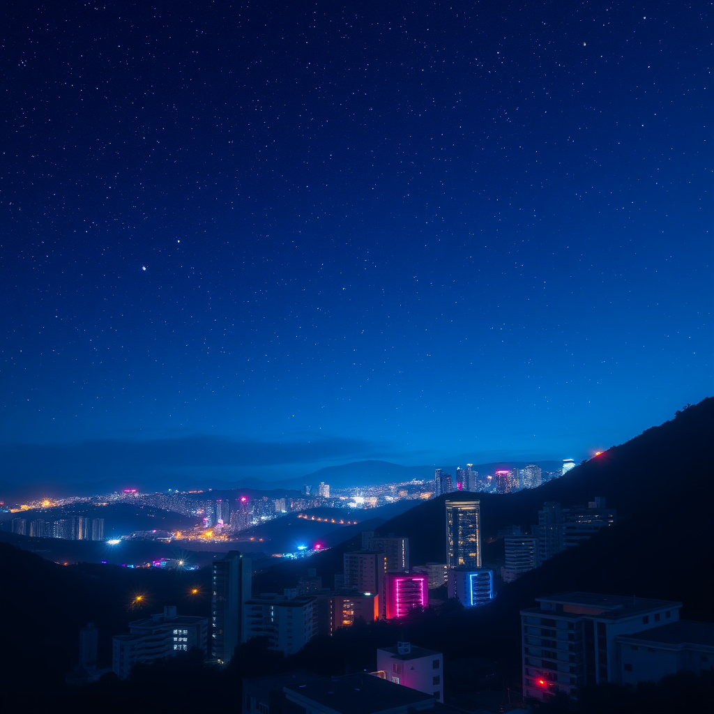 Neon city lights under starry sky