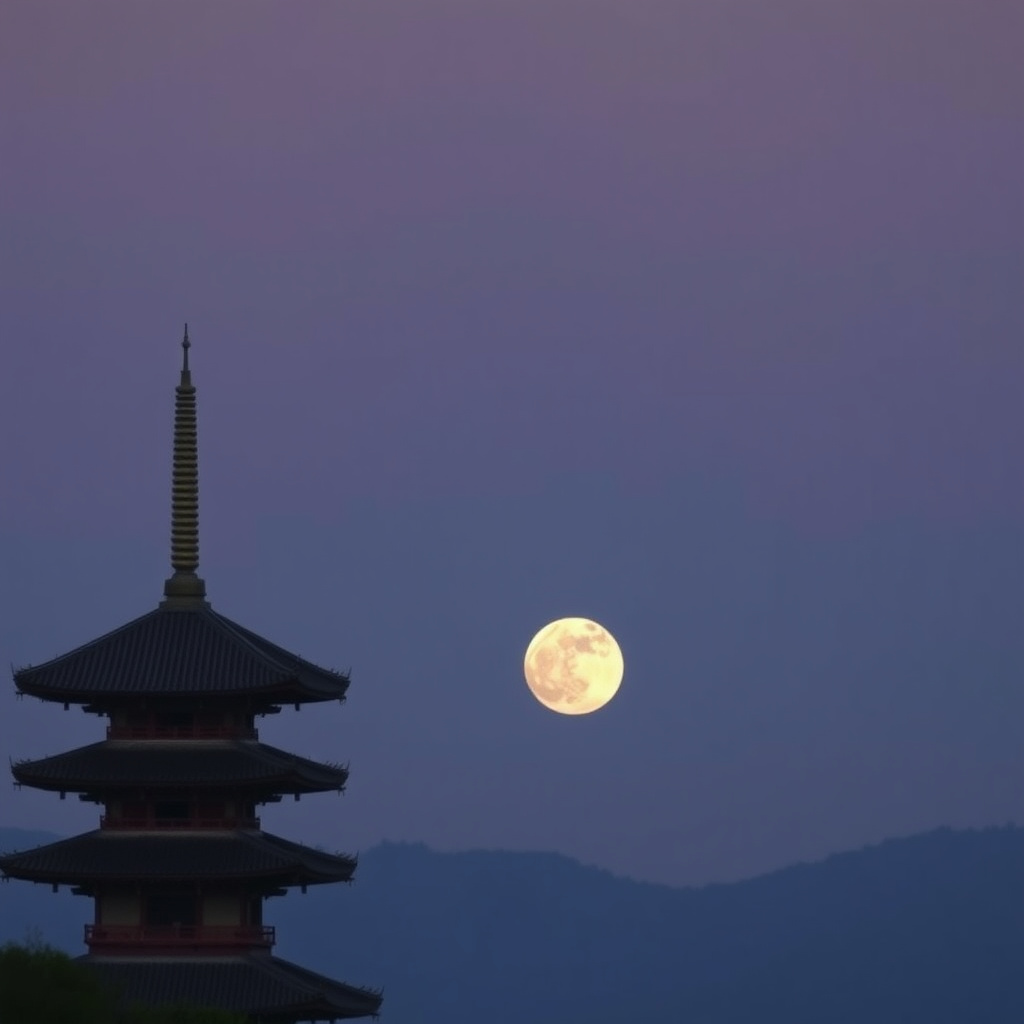 Full moon rising behind pagoda